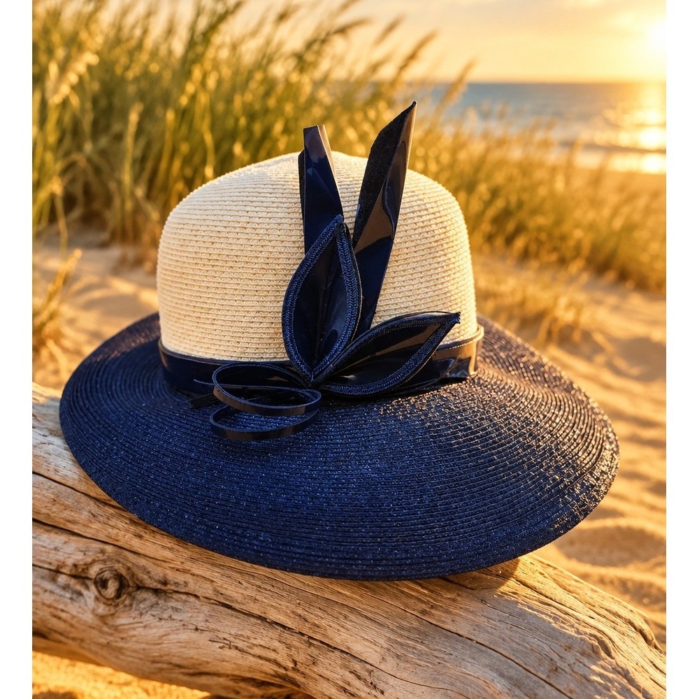 Vintage Sylvia New York St. Louis Navy Blue Cream Straw Sun Hat Wide Brim Bow